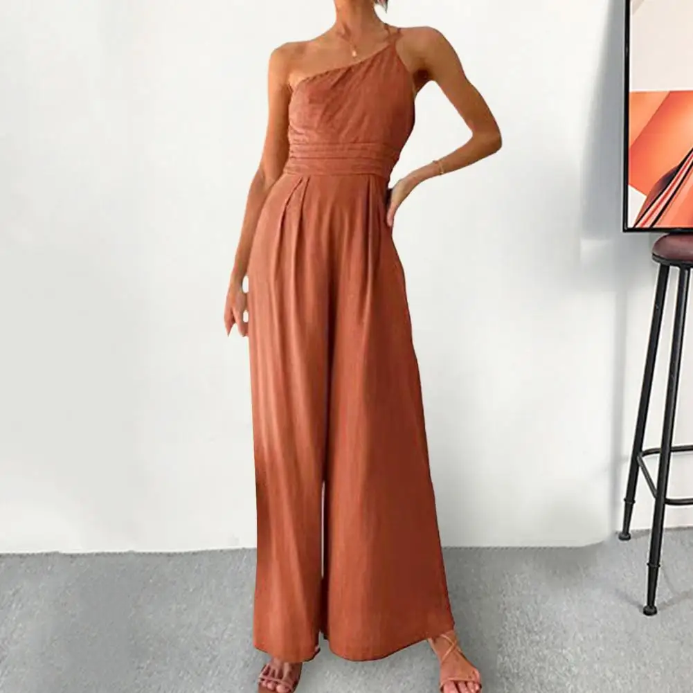 Pumpkin Color Women Jumpsuit Cotton Linen One Shoulder Sleeveless Sling Jumpsuit Sexy Waist Tight Backless Wide Leg Long Rompers