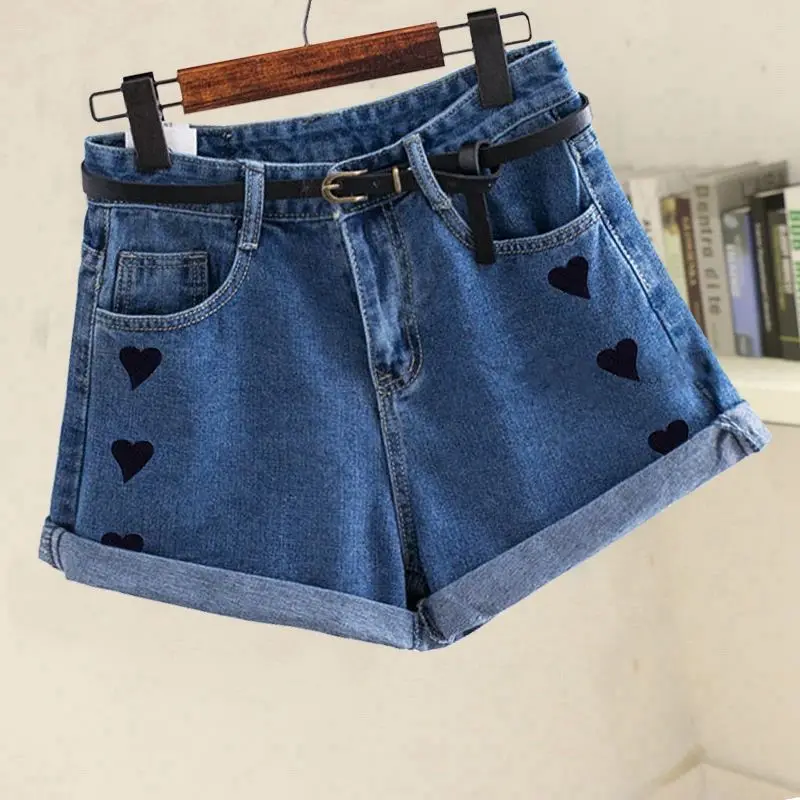 Summer New Love Embroidery High Waist Denim Shorts Solid Color Loose A-line Wide Leg Hot Pants Trend Fashion Women Clothing