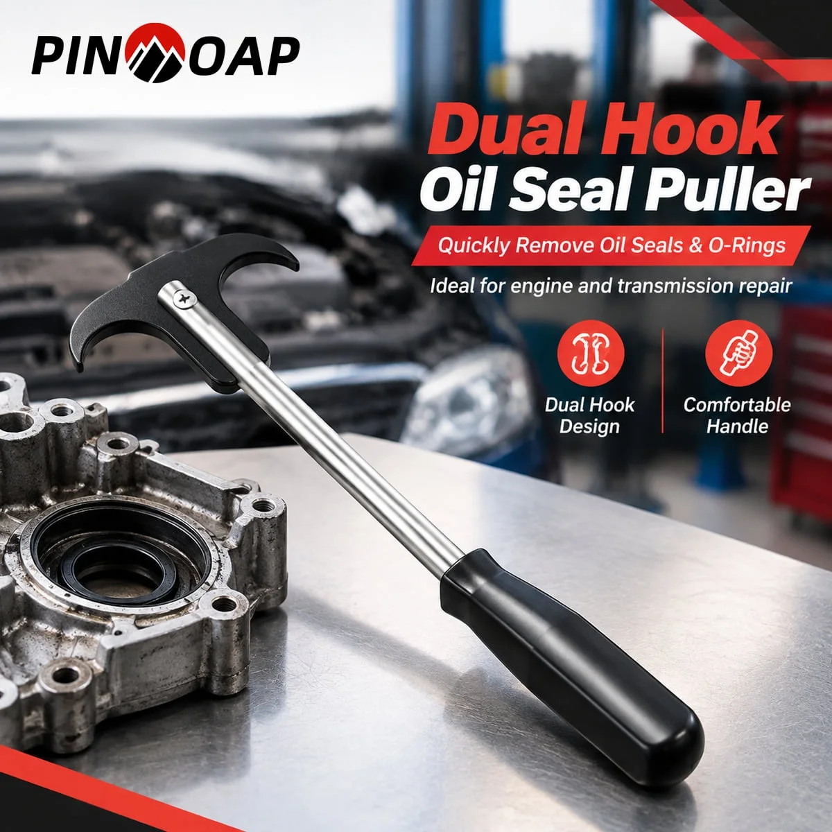 PINMOAP 1PC Dual Hook Oil Seal Puller Automotive Tool For Engine Transmission Seal O Ring Removal Comfortable Handle