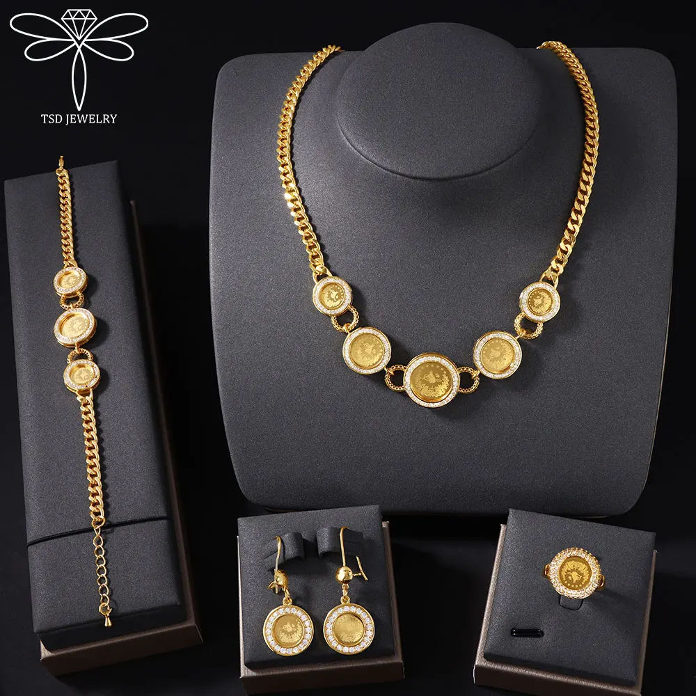 

Turkish Vintage Coins Jewelry Set 21k Gold Plated Arabic Muslim Zirconia Necklace Bracelet Earrings Ring Dubai Wedding Jewelrys