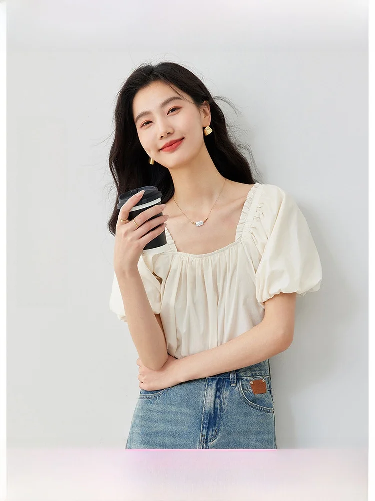 

Chic Pale Peach Bubble Sleeve Shirt Women's Casual Style Cotton Short Sleeve Top Slimming Design Summer Fashion 2026
