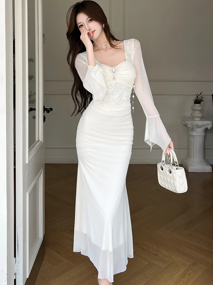 Women Korean Fashion Elegant Casual Home Dress Autumn Winte Mesh Patchwork Lace Dress 2025 New Diamonds Square Collar Prom Dress