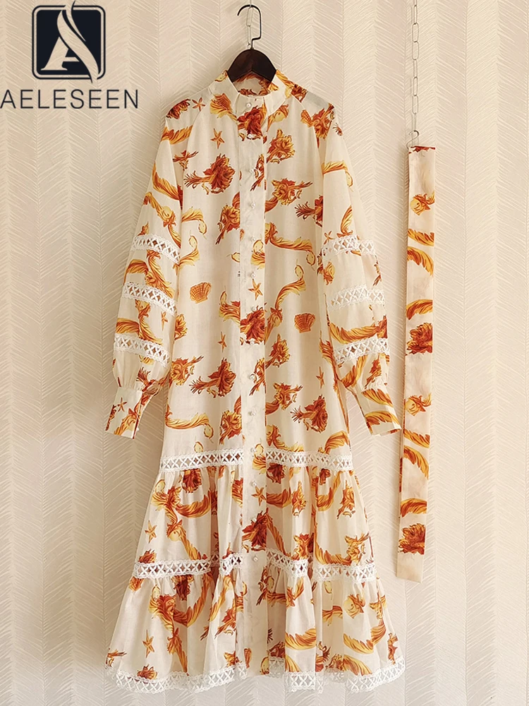 

AELESEEN Runway Fashion Women Dress Spring Summer Lantern Sleeve Hollow Out Yellow Flower Print Pearls Button Midi Loose Blet