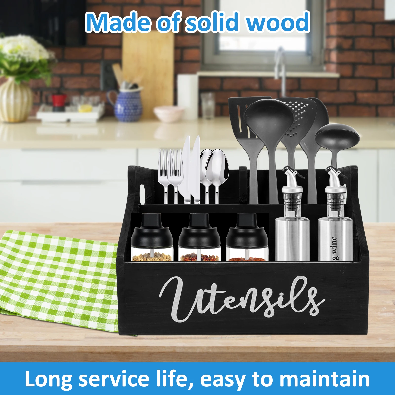 Cooking Utensil Holder Wood Kitchen Tools Utensil Organizer Wall Mounted Utensil Silverware Holder Space Saving Flatware Utensil