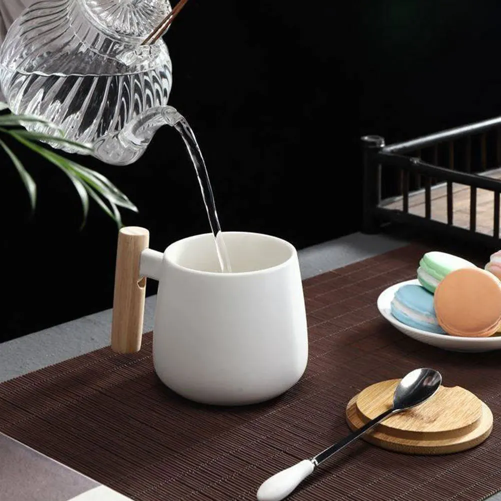 

1Set Milk Mug Ceramic Simple Coffee Cup with Lid Spoon Wooden Handle Heat Resistant for Home Office Cafe
