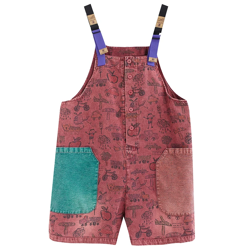 ファイオナブルプリントデニムオーバーオール レディース 夏 プラスサイズ トレンド 年齢を感じさせない 五分丈ワイドレッグパンツ