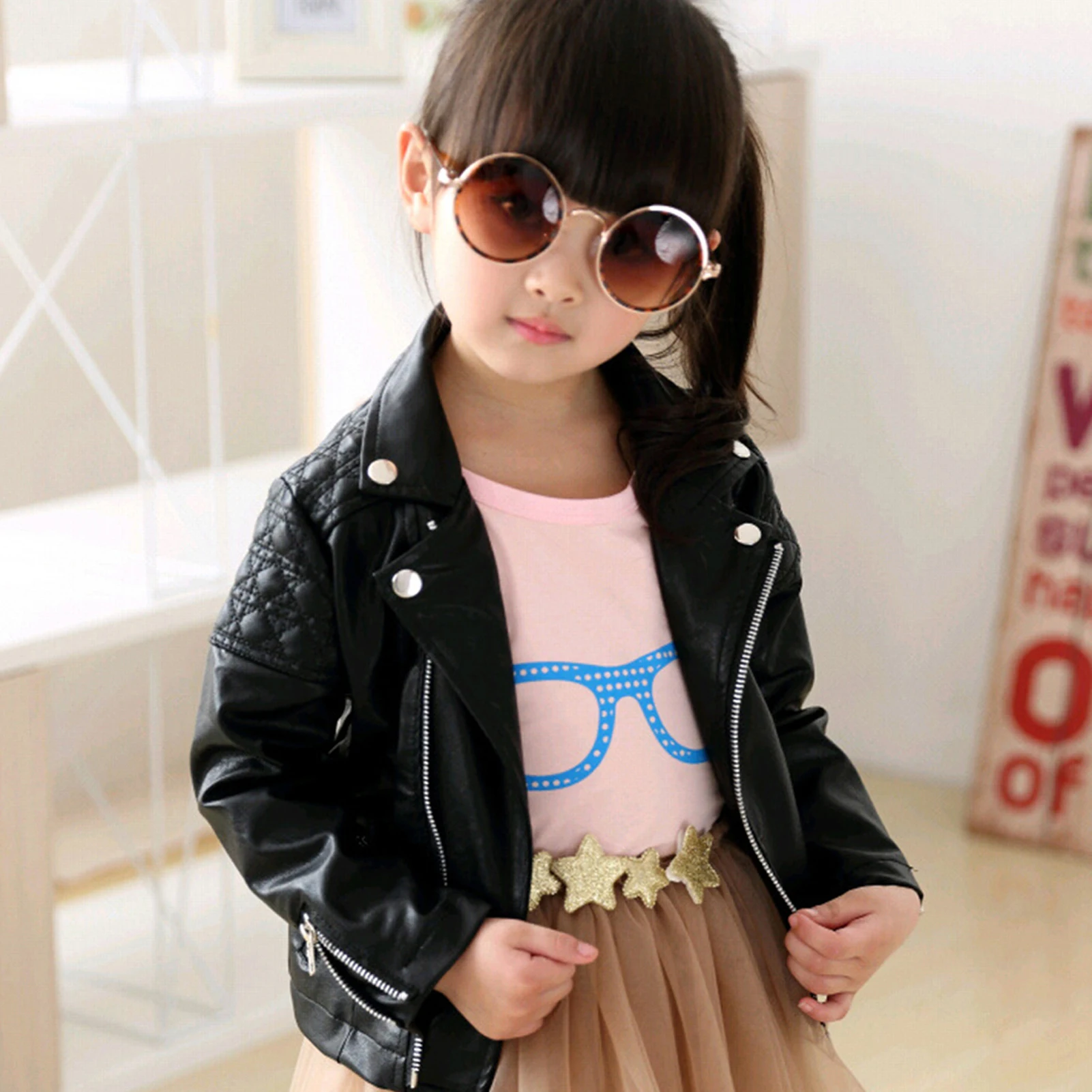 Children's Leather Jacket,Girls Transition PU Jacket,Spring Autumn Faux Leather Vintage Bike Coat,Boys Motorcycle Outerwear