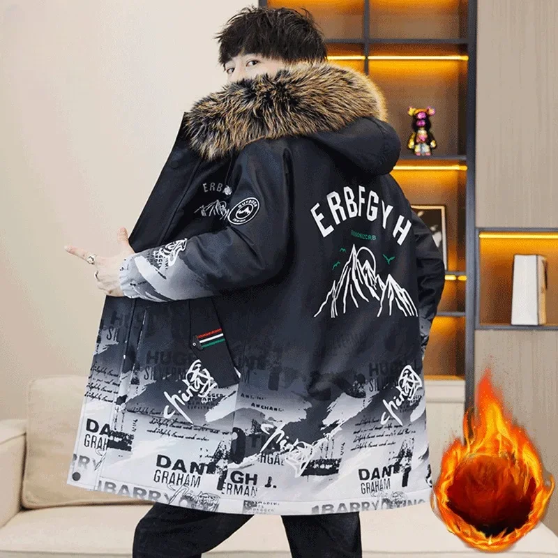 Fashion New Men Cotton Coat Winter Jacket Mid-length Loose Parkas Plus Fleece Thicken Warm Outwear Hooded Trend Slim Overcoat