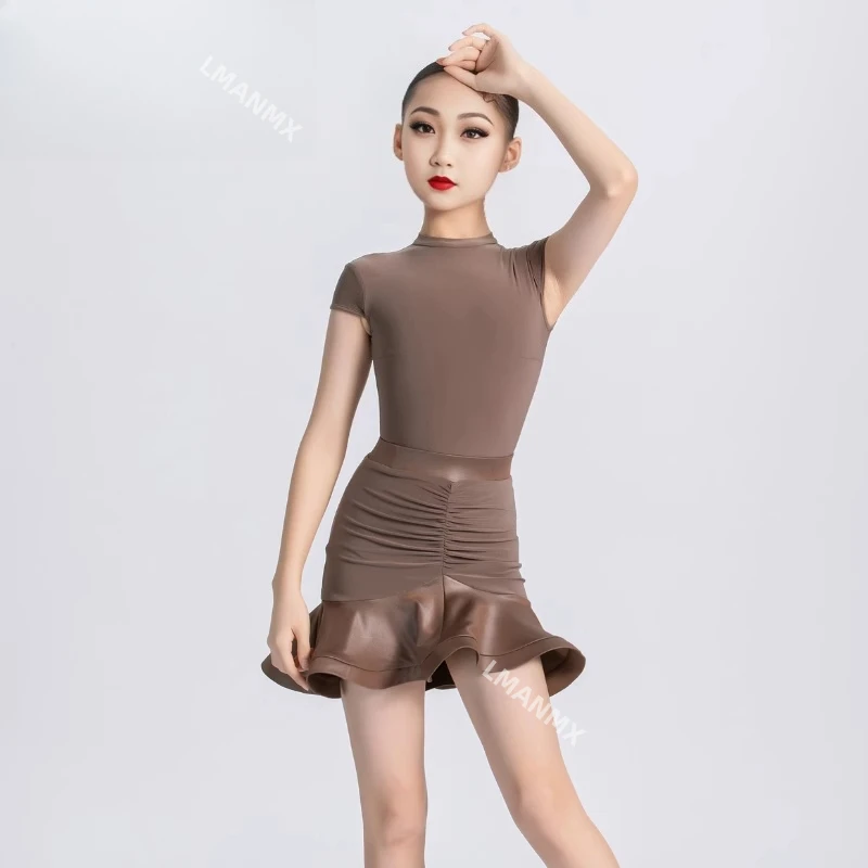 

Spring and summer children's Latin dance costume, Cha Cha Rumba denim grading girls' small high collar training uniform