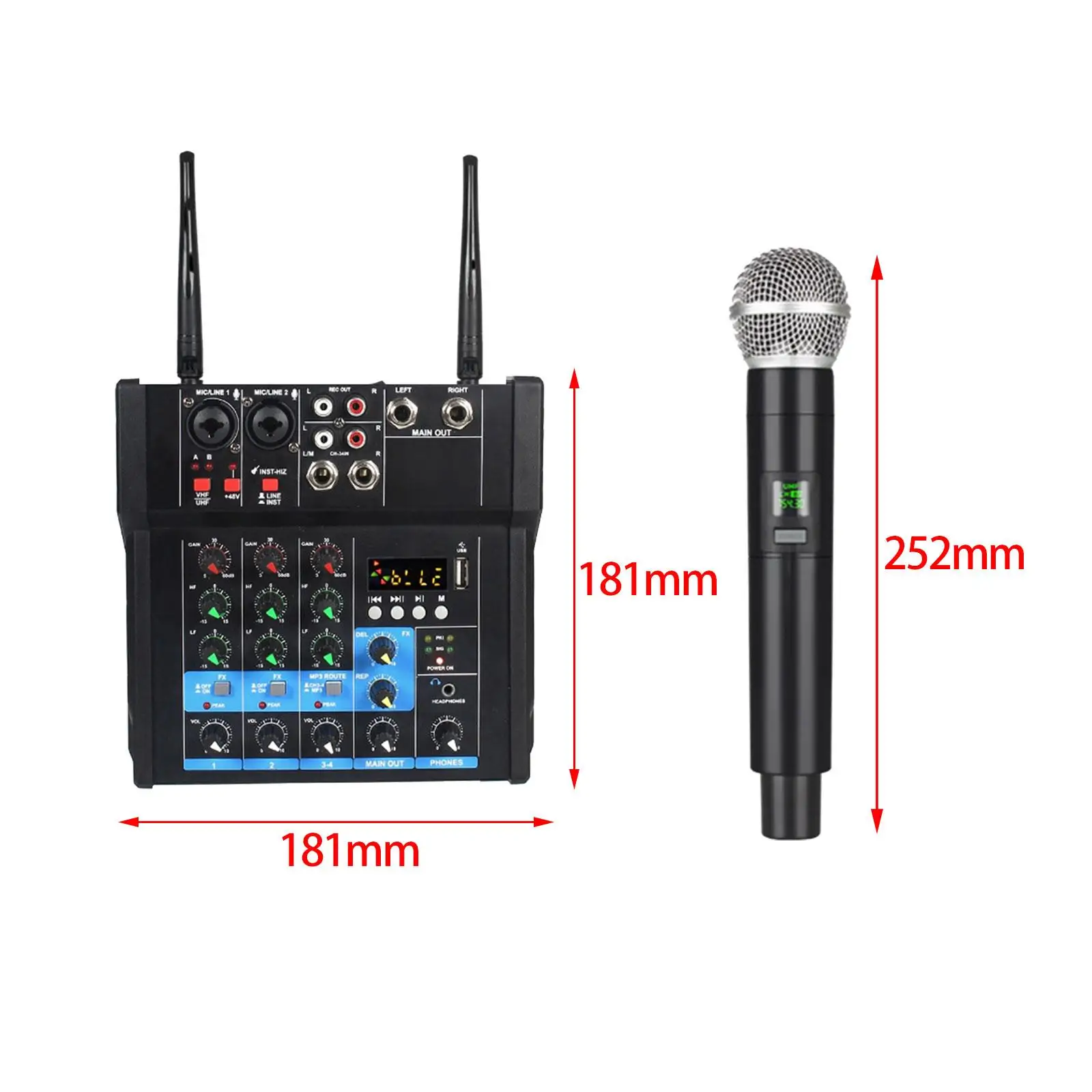 

4 Channel Mixer Sound Mixing Console with Cordless Microphone Karaoke Music Multifunctional USB Stable Transmission EU Adapter