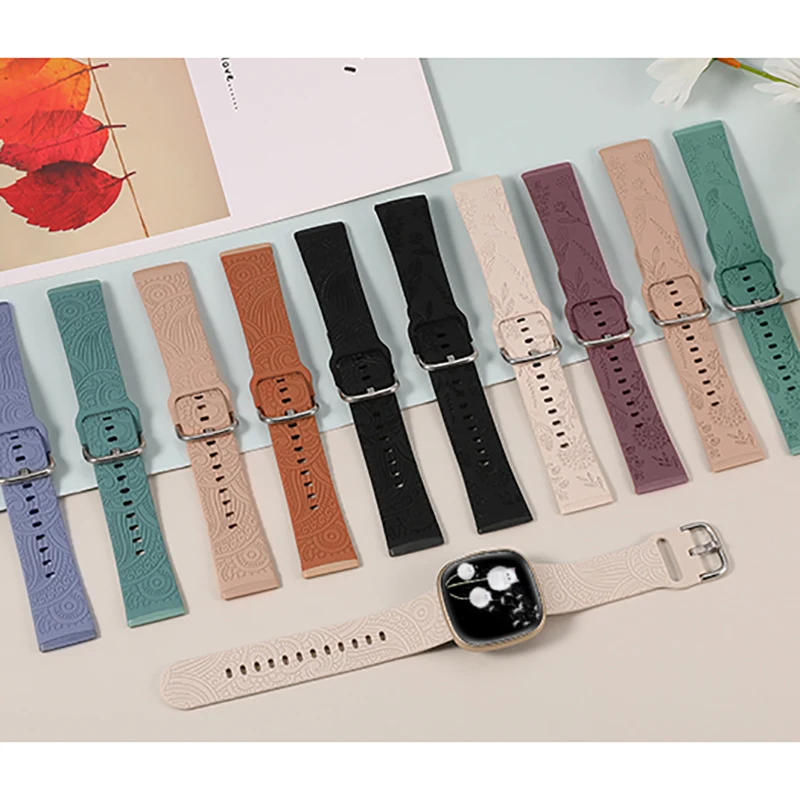 Wearlizer 2 Packs Floral Engraved Band for Fitbit Versa 4 3/Sense 2/Sense Wristband Women Soft Silicone Watchband for Versa 3 image 5