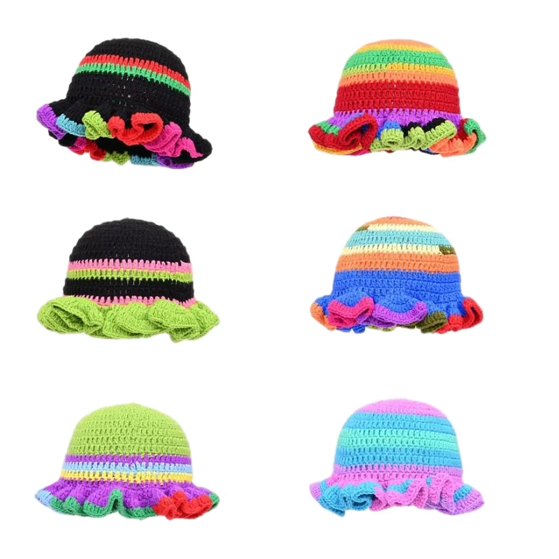 

Contrast Color Ruffle Edge Crocheted Knitted Hat Women's Warm Ear Protection Pleated Eaves Fisherman Color Pullover Hat