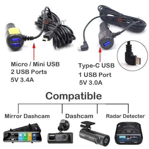 Кабель питания для видеорегистратора Mini/Micro/Type-C USB 11,5 футов 12-24 В — фото устройства