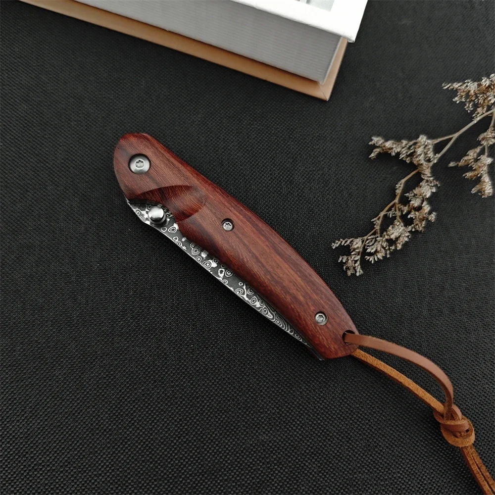 Top Selling Damascus Steel Blade Folding Pocket Knife Red Wood Handle Knife Outdoor EDC Survival Camping Hiking Hunting Tool