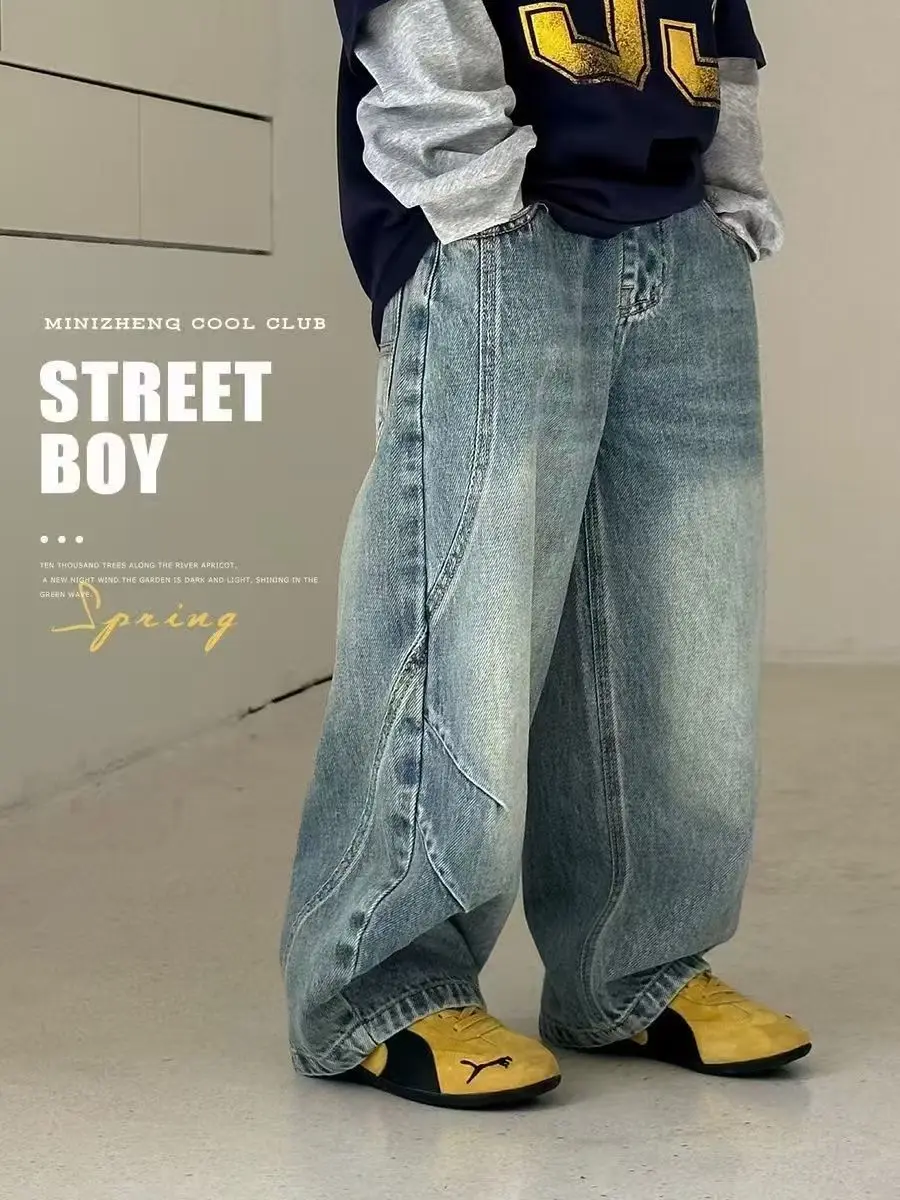 

2026 Spring New Children's Jeans Loose Casual Wide Leg Pants Loose Washed Denim Street Trend