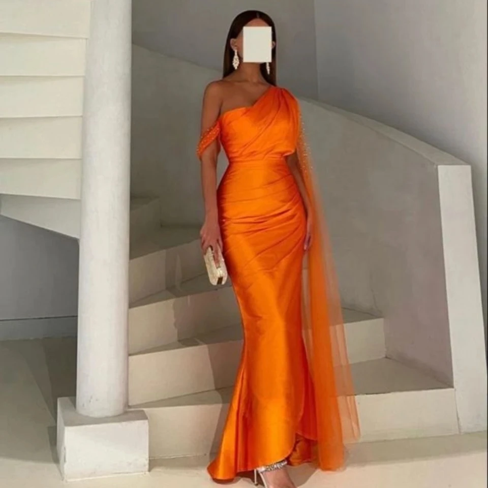 SoDigne Orange Evening Dresses Mermaid One Shoulder Saudi Arabia Formal Dress With Tulle Warp Women Prom Party Gowns 2023