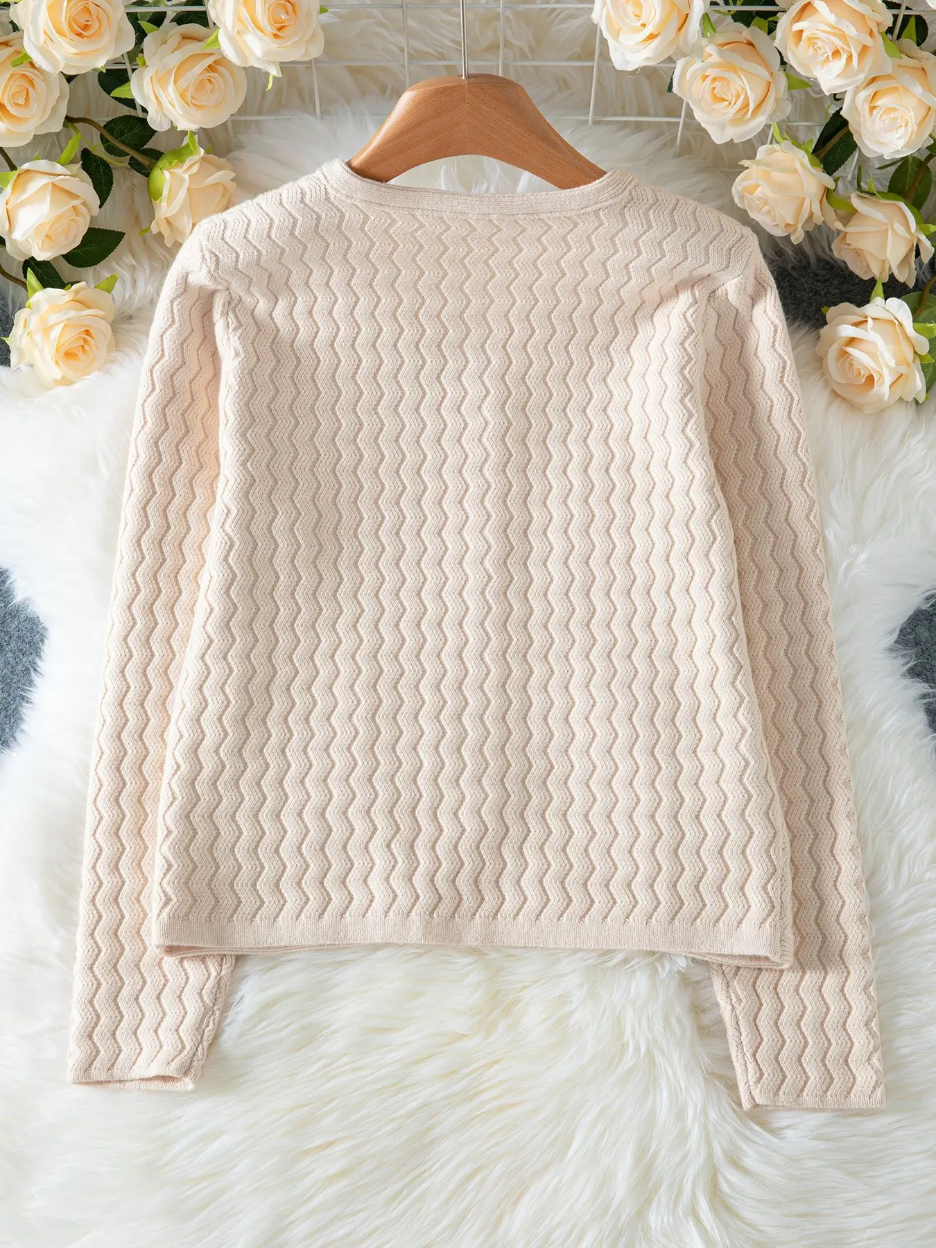 Women's Jacket 2025 Spring Autumn New Solid Color Ribbed Pocket Design Round Neck Long Sleeve Casual Sweater Jacket Coat