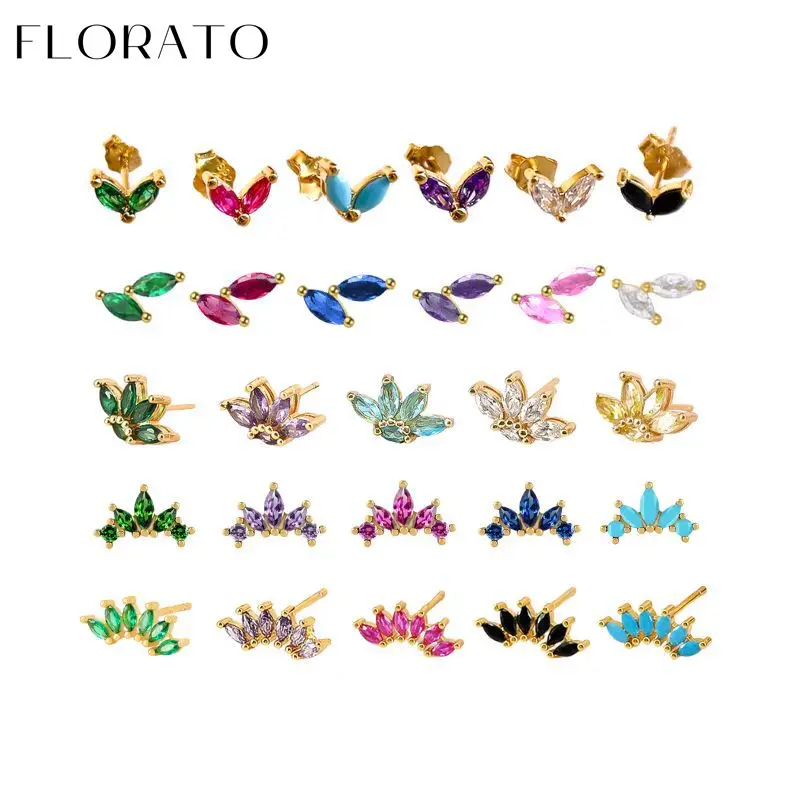 925 Sterling Silver Ear Needle Crystal Zircon Multi-Color Studs Series Water Drop Leaf Shaped Earrings Exquisite Fashion Jewelry