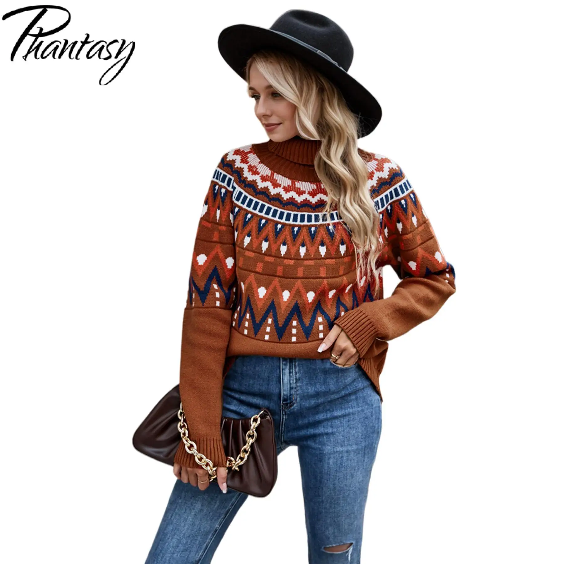 phantasy women sweater vintage Knitted sweater warm High necked pullovers autumn winter streetwear female clothing