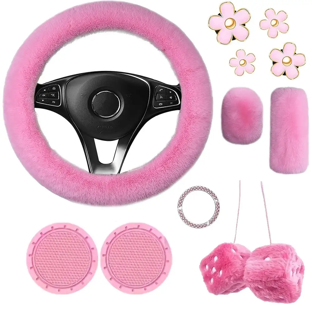 11pcs Cute Plush Interior Set, Universal 15-inch Steering Wheel Cover, Plush Car Interior Set, Soft Plush Handbrake Cover, Gear Shift Cover, Car Coaster, Dice Pendant And Air Outlet Clamp, Fashionable Car Interior Gift Set