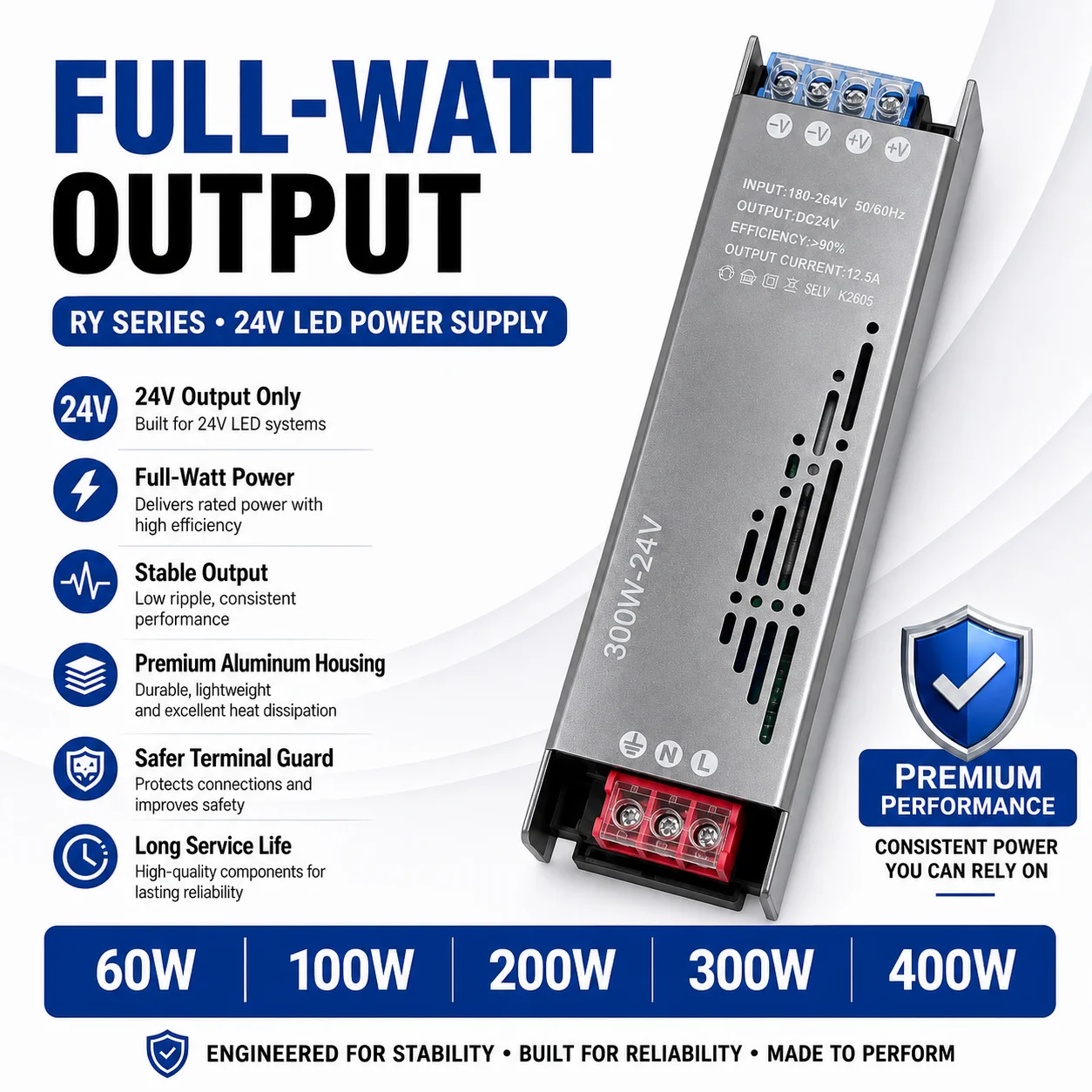 24V LED Power Supply 60W 100W 200W 300W 400W Full Wattage AC 180-264V Switching LED Driver for LED Strip Light Box