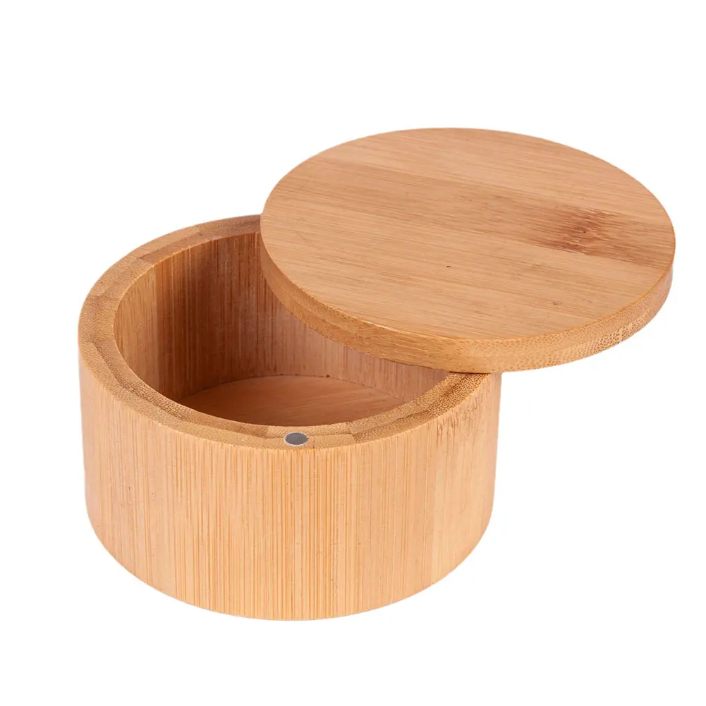 Bamboo Salt Cellar with Swivel Magnetic Closure Lid Bamboo Storage Box Salt Cellar Bowl Box Small Spice Box for Seasonings Herbs