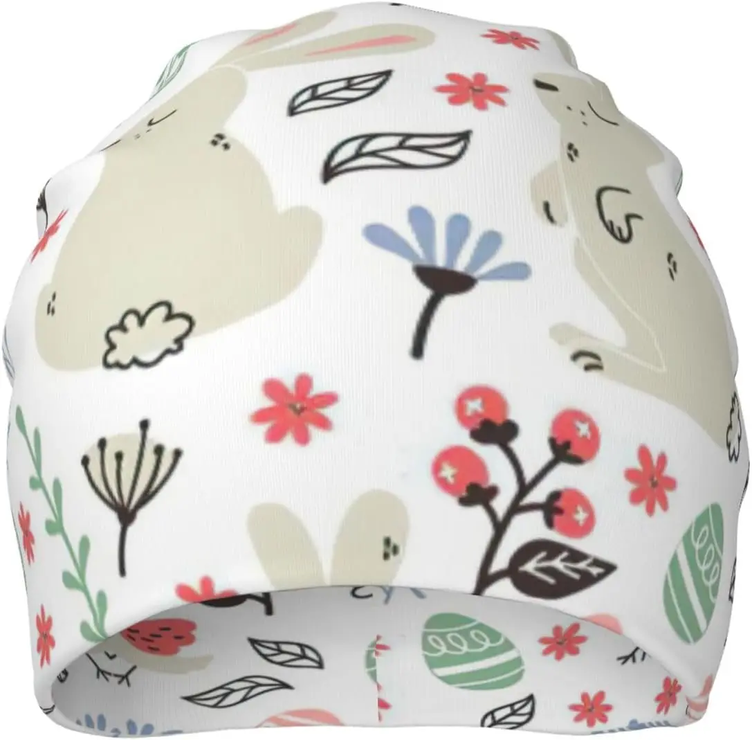 Flowers Bunnies Birds Print Knitted Hat Casual Beanies Hat Stretch Slouchy Headwear Hats Cancer Headwear Black