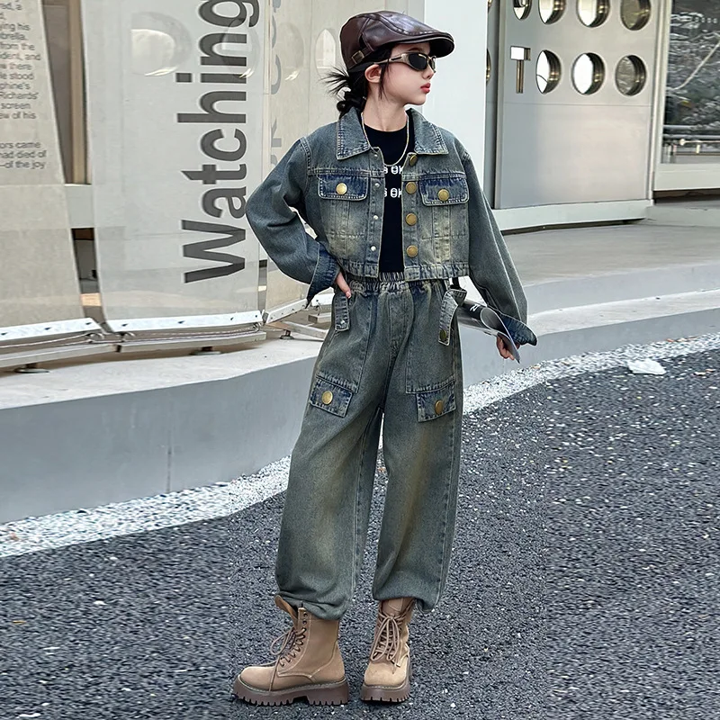

Korean Autumn Teenager Girl Denim Set Button Turn Down Collar Kids Girls Coat Elastic Waist Children Girl Pant 4-14Y Girl Outfit