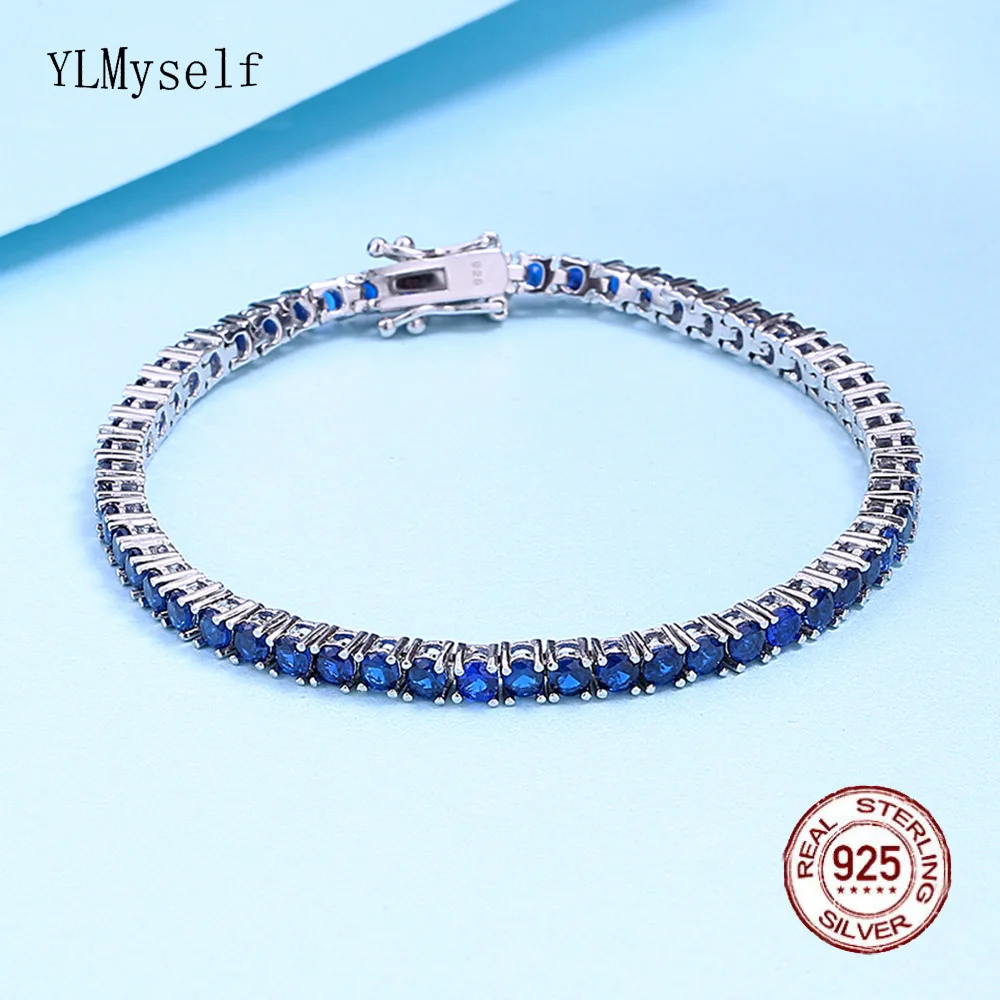 3mm Real 925 Silver Tennis Bracelet Montana Blue/Aquamarine/White Cubic Zircon Mix Color Fine Jewelry Chain