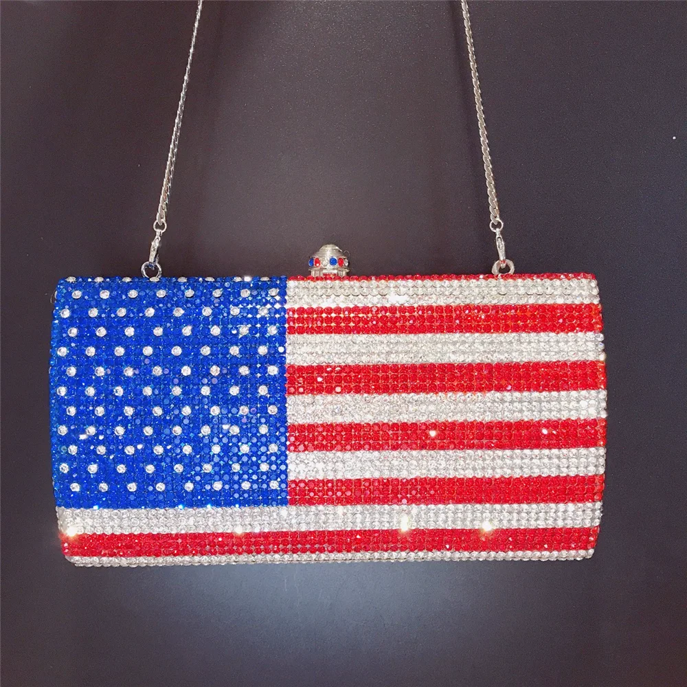 

Clubage Summer New Rhinestone Chain Hand-held Shoulder Dinner Bag American Flag Color Crystal Banquet Dress Metal Women's Bag