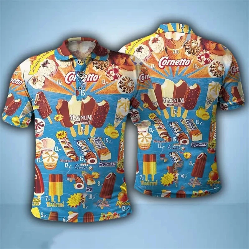 Polo de manga corta con estampado 3D de helado, camiseta Harajuku informal a la moda, Tops geniales, camisetas divertidas con solapa 2024