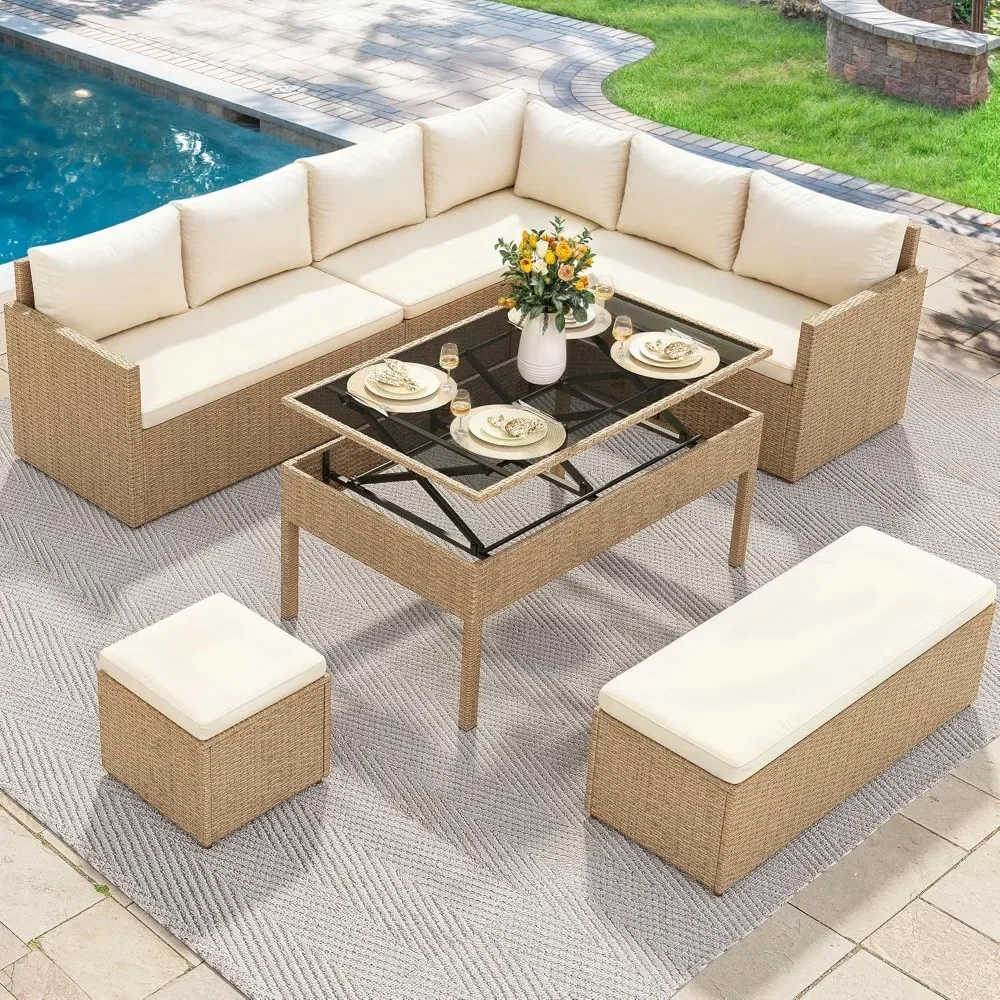 

L-Shaped Patio Furniture Set All Weather Wicker Outdoor Sectional Sofa Conversation Set with Dining Table and Ottoman