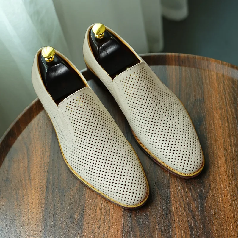 

Mens Leather Hollow Dress Shoes Breathable Slip On Business Formal Shoes Big Size