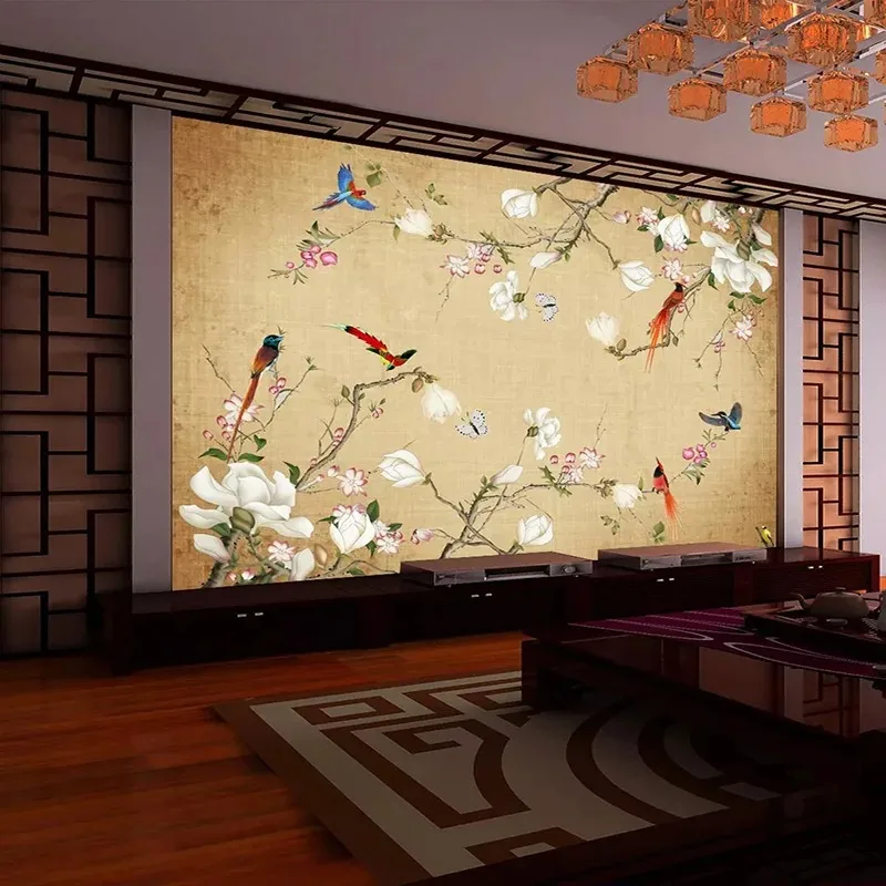 Custom Any Size Mural Wallpaper 3D Stereo Flowers Birds Chinese Style Hand Painted Photo Wall Painting Living Room TV Sofa Decor