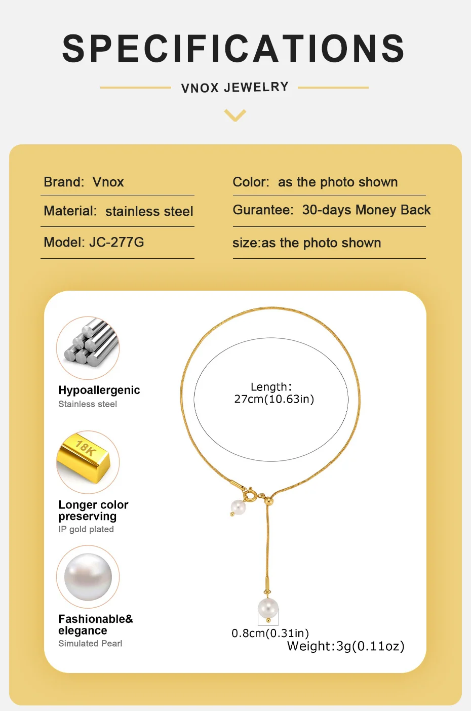 Vnox Exquisites Edelstahl-Kirschanhänger-Fußkettchen für Damen, vergoldet, Y-Form, Imitationsperlen-Schlangenkette, Fußschmuck für den Strand. – Detail 4