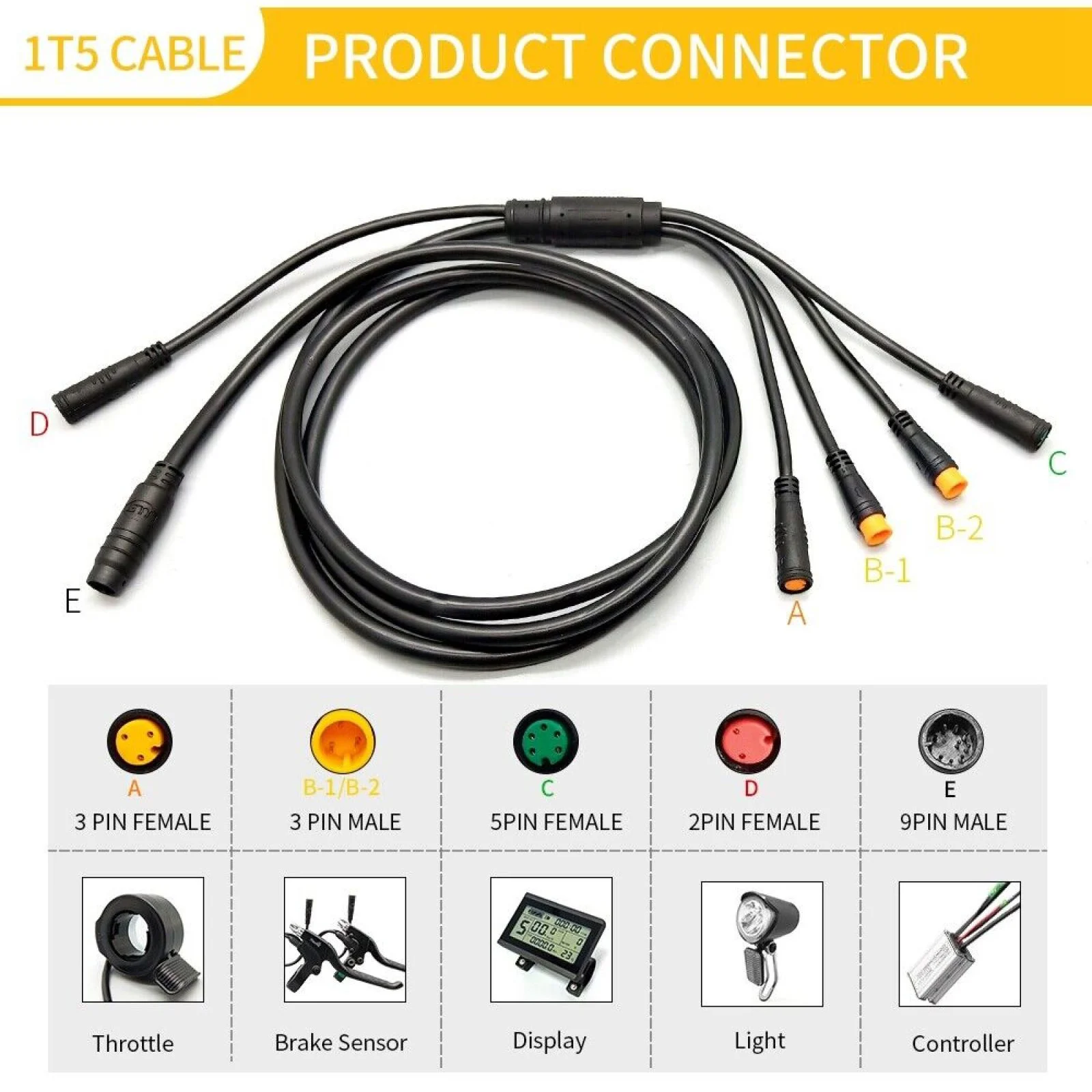 Electric Bicycle E-bike Integration Cable Waterproof 1 to 5 For KT Controller Motor Throttle Brake Conversion Accessory