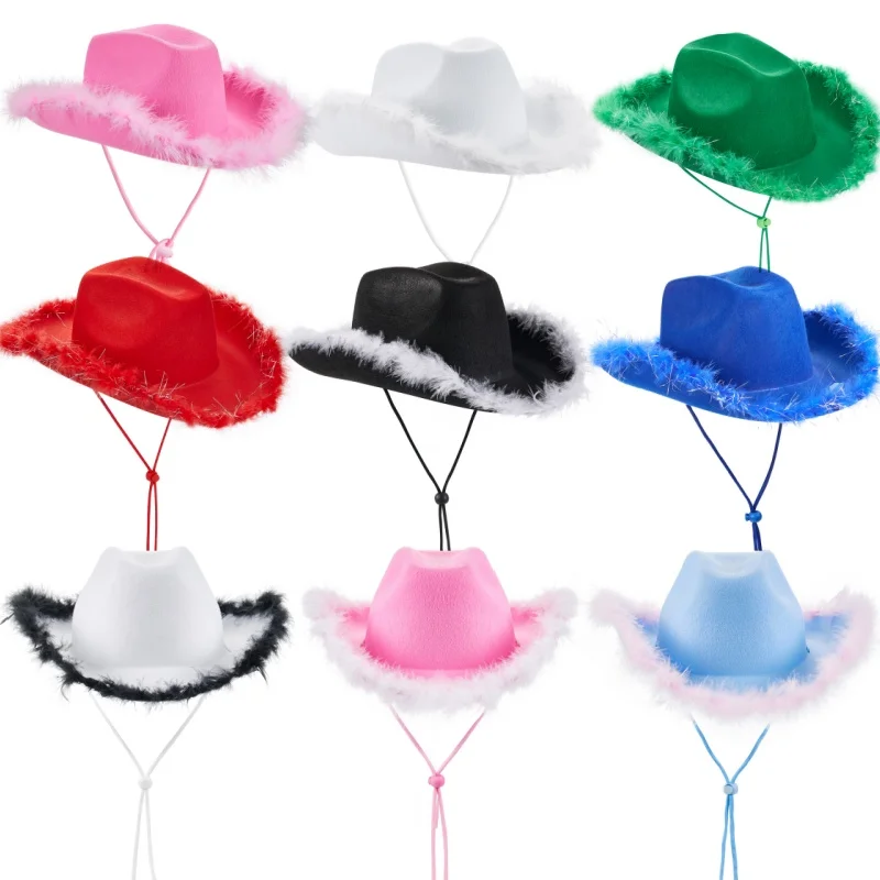 Women Cowboy Hat Solid Color Fuzzy Trim Wide Brim Cap Sun Hat for Party Fashion