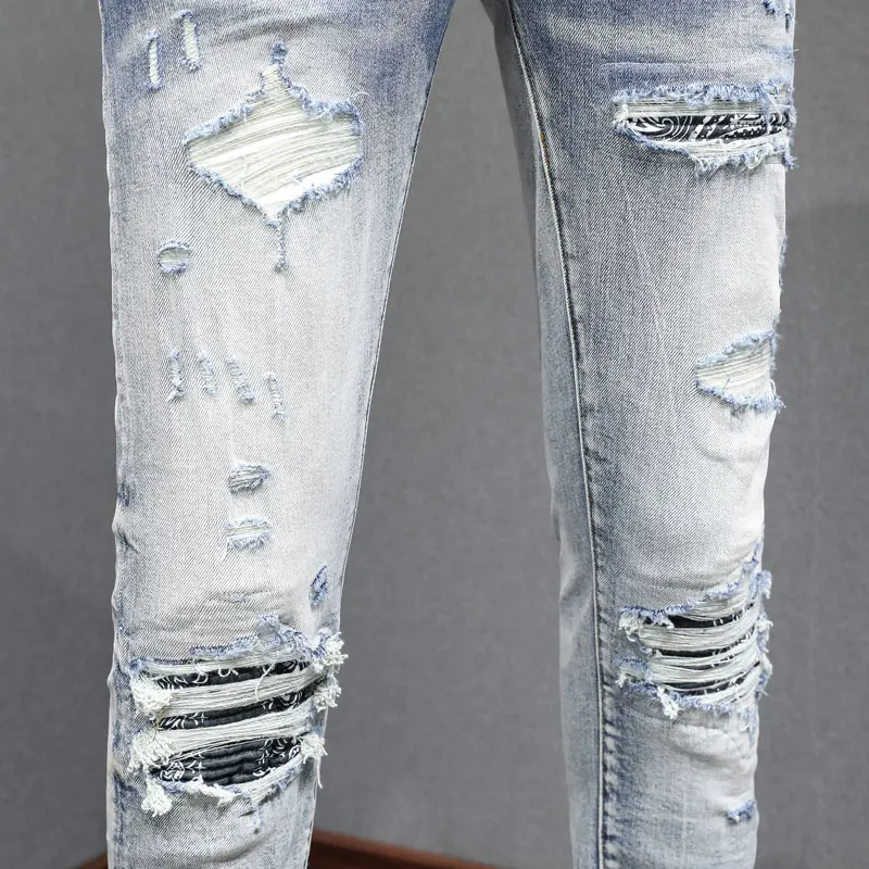 Y2K High Street Fashion New Men's Jeans Wrinkle Washed Nostalgic Perforated Light Blue Jeans Hip Hop Brand Splicing Pants Hombre