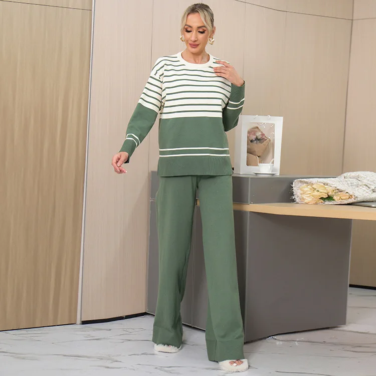 Women Sweater Winter 2 Piece Sets Elegnat Knitted Home Suits Female Sweaters Stripe Top Wide Leg Pants Vintage Womens Outfit