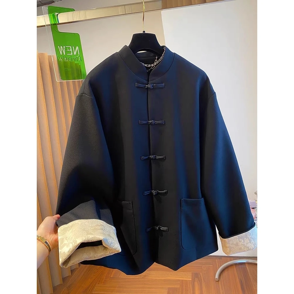 

Bla Large Size Autumn Winter Jaet Simple New Chinese Sle Tang Suit Outerwear for Men And Women Casual Long Sve irt