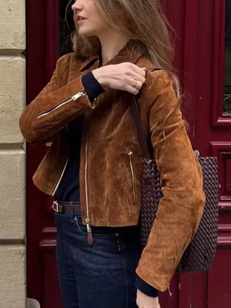 

Европейский и американский стиль, осень 2021, новая женская одежда, модная короткая куртка на молнии с лацканами из искусственной замши