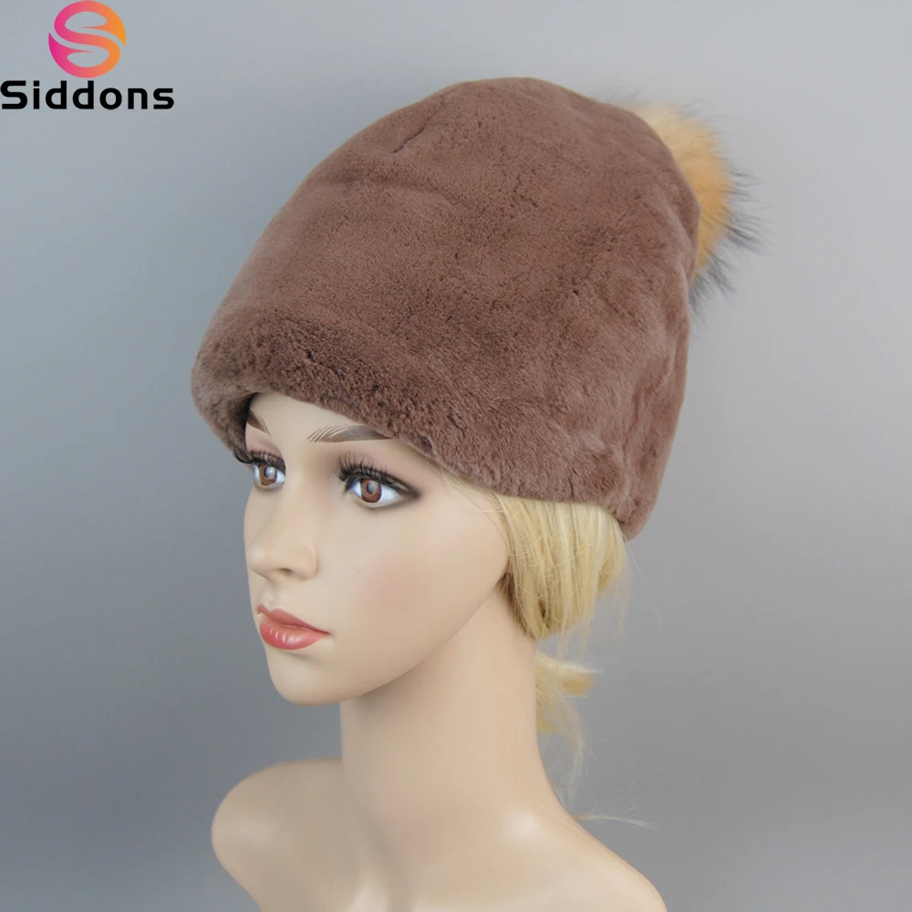 Winter Lady Natural Rex Rabbit Fur Hat Women Warm Soft Genuine Rex Rabbit Fur Cap + Silver Fox Fur Ball Knitted Real Fur Caps