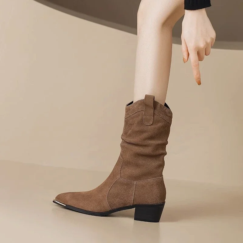 Cow Suede Mid-Calf Modern Boots for Women Retro Brown Knight Boot Thick Heel Slim Pointed Western Denim Autumn Winter Shoes