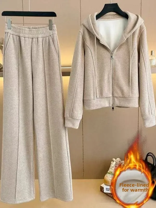 Winter Women's Fleece Lined Loose Fit Outfit Two Piece Set High Waist Long Pants Hoodie Wide Leg Pants Fashionable plus Size