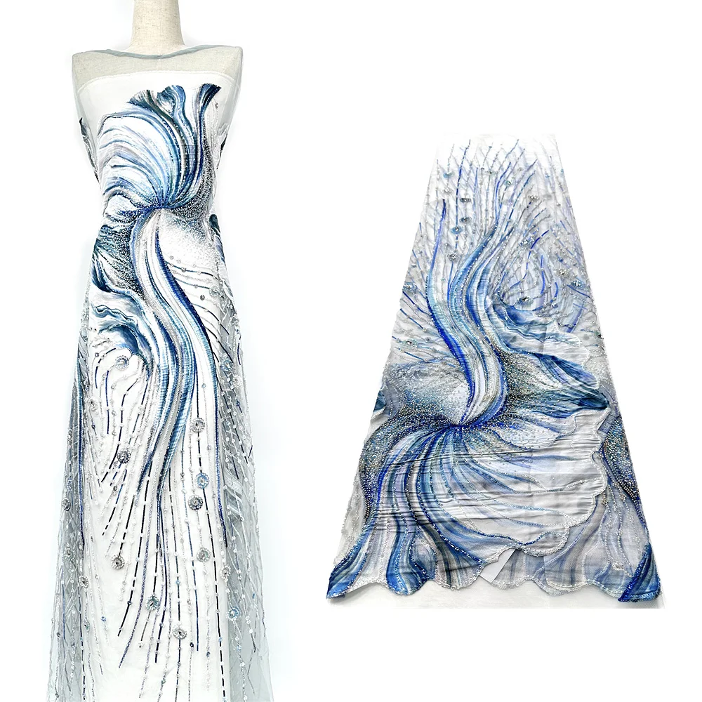 

Africa 2025 luxury beaded lace fabric Nigeria sequined embroidered beaded tulle fabric lady gown wedding party bridal gown