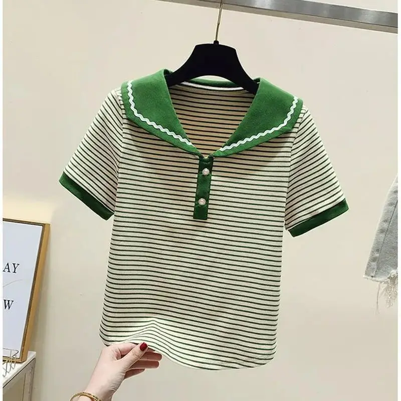 Striped Short Sleeved T-shirt Women\'s Summer 2024 New Slim Contrasting Sweet Doll Neck T-shirt Cotton Korean Short Top