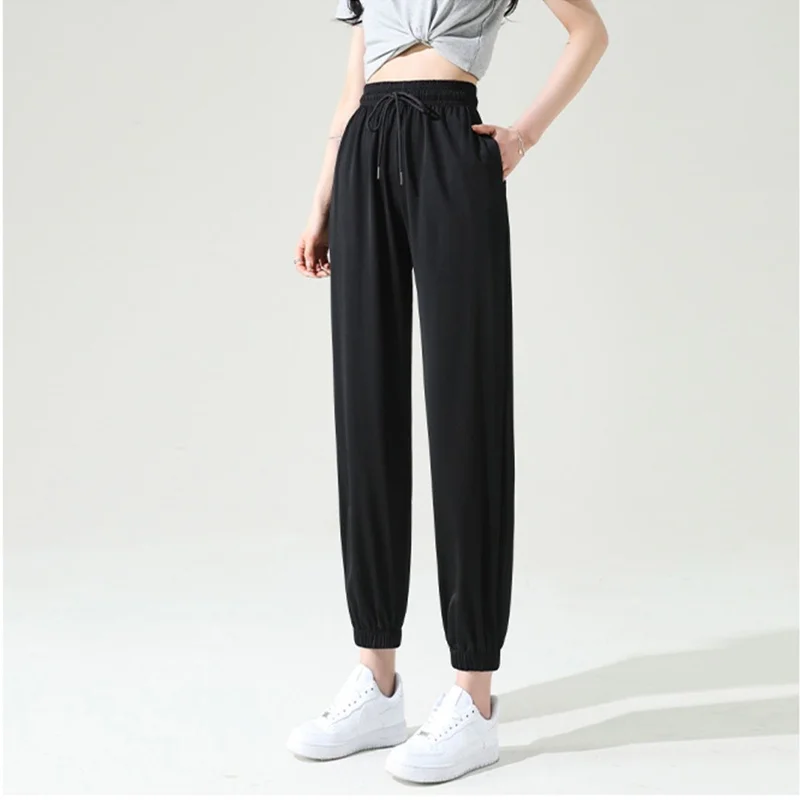 

Спортивные брюки из ледяного шелка Qui Dry, летние тонкие брюки-фонарики, свободные повседневные солнцезащитные брюки, женские джинсы больших размеров