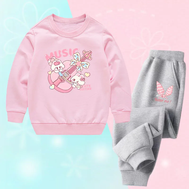 Mädchen-Trainingsanzug, 2-teilig, mit süßem Hasen- und Gitarrenmotiv, Rundhals-Sweatshirt und Jogginghose, lässiges Kinder-Outfit, Größe 110–160.