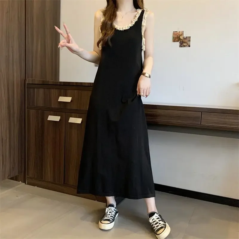 Stripped Sleeveless Camisole Dress With Ruffled Neckline For Women Summer Sweet Style Slim Fit Mid Calf Length