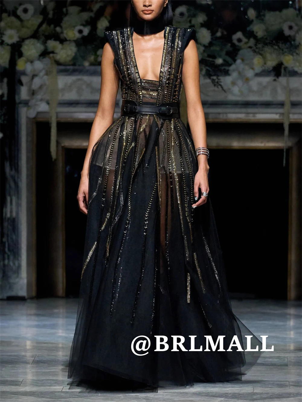 

BRLMALL Black Gold Formal Dress for Women A Line Long Pageant Dresses Customized Beaded Cocktail Party Gowns